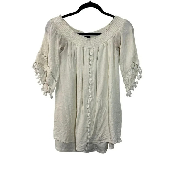 Aqua Off White Blouse Size Small Tassels Boho Neutral Seersucker Neckline Top - Picture 1 of 7